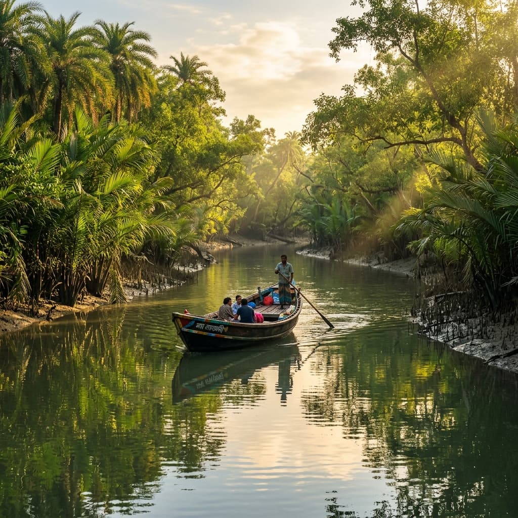 Dense mangrove forest and tidal channel in the Sundarbans