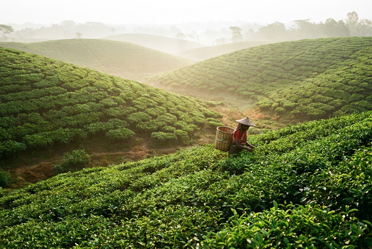 Rolling rows of green tea bushes in the tea gardens of Srimangal